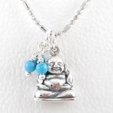 Small Sitting Laughing Buddha Pendant in Sterling Silver with Beads of Turquoise on a 16 Rhodium Ball Chain, #8284