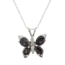 Sterling Silver Necklace - Rainbow Topaz CZ Butterfly with Baby Curb 18in Chain - 14mm Pendant Height