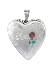 Sterling Silver Heart Locket Necklace MOM & Red Rose 3/4 inch