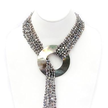 HinsonGayle Glamour Collection "Cleopatra" Silver Six-Strand Cultured Pearl Lariat Necklace 35 Inches