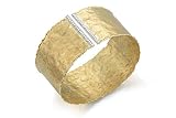 14K Yellow Gold Matte and Hammered-Finish Hand-Crafted Cuff Bracelet, Enhanced with White Gold Pave Set Diamonds.