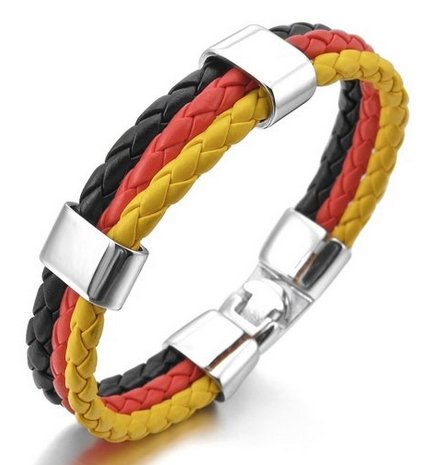 CargoMix Herren Edelstahl Echtes Leder Armband Armreif Manschette Silber Schwarz Rot Gold Deutsch Deutschland Flagge Geflochten Gotik Motorradfahrer Stylisches Armband PU Lederarmband Kordelarmband Fanartikel Fussball Weltmeisterschaft WM & EM Länder Style geflochten