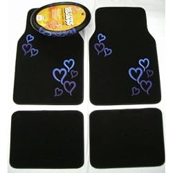 Blue Hearts Combo - Front & Rear Carpet Floor Mats & Steering Wheel Cover