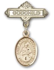 14K Gold Baby Badge with St. Gabriel Possenti Charm and Godchild Badge Pin