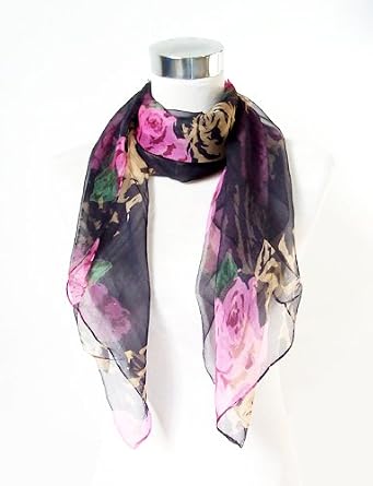Chiffon Black Scarf with Pink Floral Print