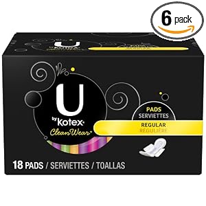 U by Kotex CleanWear Ultra Thin Regular Pads with Wings, 18-count Boxes (Pack of 6)