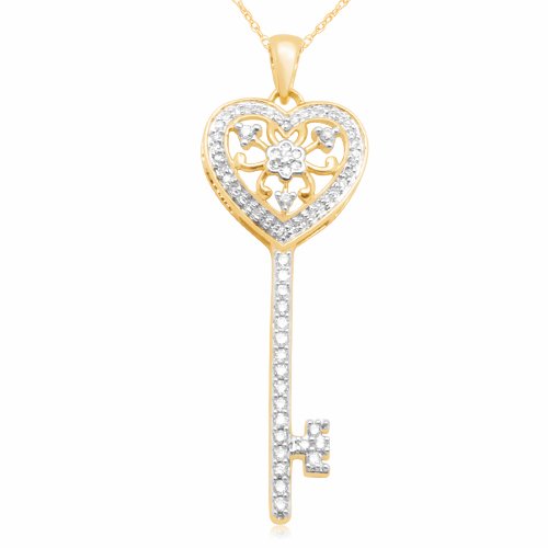 10k Yellow Gold Heart Key Diamond Pendant (1/3 cttw, I-J Color, I3 Clarity), 18\