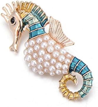 18k Gold Plated Enamel Animal Sea Horse Pearl Brooch Women Collar Brooch Pins Accessories (green)