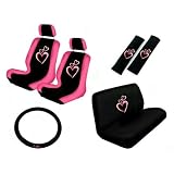 9-Piece Auto Interior Gift Set - 2 Multicolor Hearts Front Low Back Bucket Seat Covers, 2 Multicolor Hearts Head Rest Covers, 1 Multicolor Hearts Steering Wheel Cover, and 2 Multicolor Hearts Shoulder Harness Pressure Relief Covers