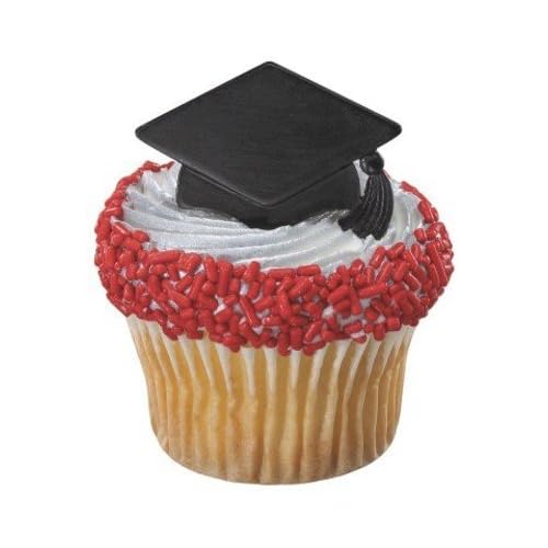 Congrats Grad Black Cap Cupcake Topper Rings - Set of 12