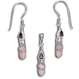 Sterling Silver Pink Shell Drop with Rhodolite Garnet Pendant and Earrings Set by Sajen