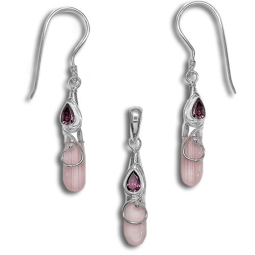 Sterling Silver Pink Shell Drop with Rhodolite Garnet Pendant and Earrings Set by Sajen