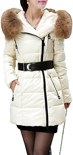 HDA Womens's Winter Thicken Midi Fur Collar Hooded Down Coat Jackets Parka M White