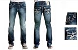41kNPjarHmL. SL160  Rock Revival Men Jeans Rock T2 Relaxed Straight Leg Fleur Flap in Medium Blue