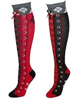 BioWorld Womens Harley Quinn Faux Lace Up Diamond Knee High Socks