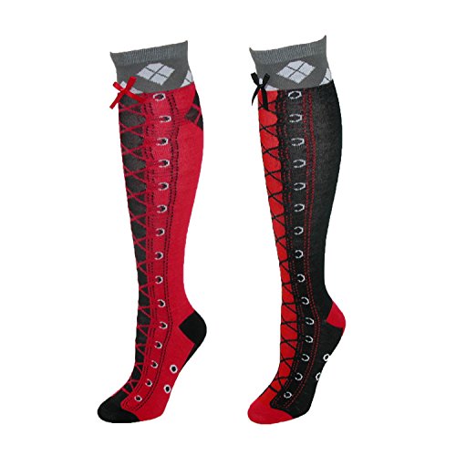 BioWorld Women's Harley Quinn Faux Lace Up Diamond Knee High Socks