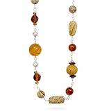 34 Inch Wood, Black Onyx, Tiger's Eye, Carnelian and Glass Necklace