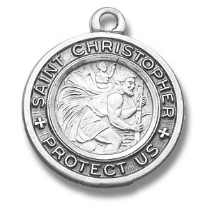 Sterling Silver Medal Religious Small Round St. Christopher with 18″ Stainless Steel in Gift Box