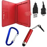 GTMax Red Durable Carrying Folio Wallet Leather Cover Case with Credit Card holder + Micro-USB Sync & Charge Cable + Touch Screen Red Stylus Pen with 3.5mm Plug with Carabiner Key Chain For HP TouchPad Tablet