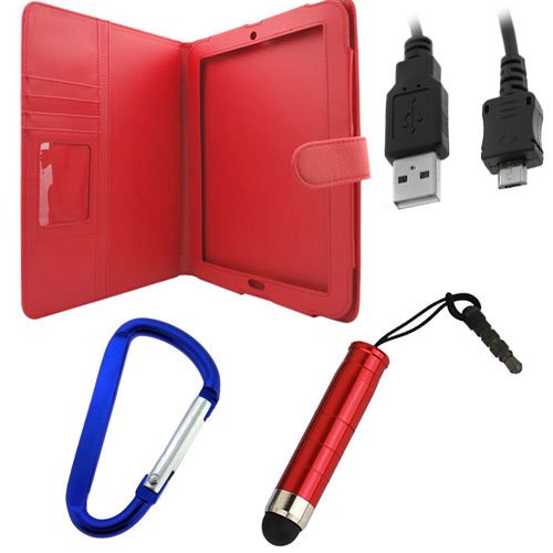 GTMax Red Durable Carrying Folio Wallet Leather Cover Case with Credit Card holder + Micro-USB Sync & Charge Cable + Touch Screen Red Stylus Pen with 3.5mm Plug with Carabiner Key Chain For HP TouchPad Tablet