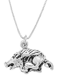 Sterling Silver Three Dimensional Running Razorback Boar Hog Necklace