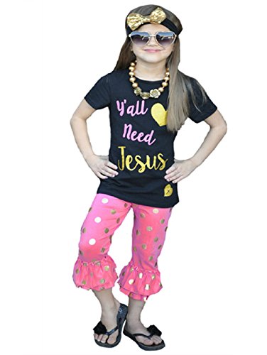 Little Girl Jesus Printed Clothes Set Short Sleeve T Shirt Dot Bell-Bottom Pants