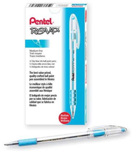 Pentel R.S.V.P. Ballpoint Pen, 1.0mm Medium Tip, Sky Blue Ink, Box of 12 (BK91-S)