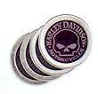 Harley-Davidson&reg; Skull Coaster Set. Set of four coasters. Molded galvanized metal with absorbent foam center. Printed graphics. Measures 4" in diameter. 99356-09V