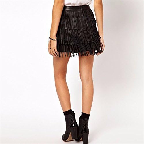 Fashion Emprie Women's Faux Leather Fringe Cover High Waist A-line Tassel Mini Skirt (Black, XXL)