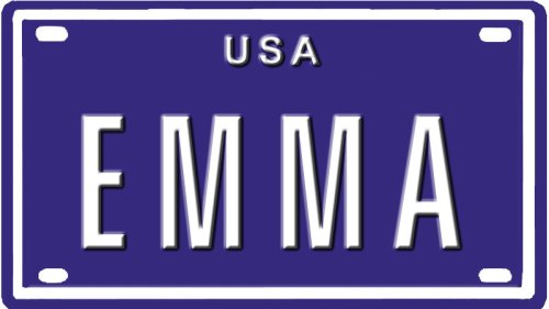Emma USA mini metal embossed license plate name for bikes, tricycles, wagons, kids doors, golf carts, baby strollers, pedal cars. Over 400 names available. Type in 