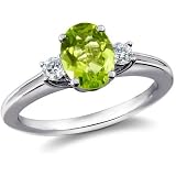 10K White Gold Oval Peridot & Diamond 3 Stone Band Ring (1 ctw)