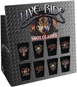 8 x Exclusive LIVE TO RIDE "Shot Glasses" Set, Original Licensed Artwork Designs - 8 Total Piece Count, with Display