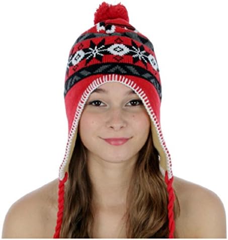 Winter Knit Snowflake Pattern Pom-pom Tassel Fleece Lined Ski Beanie Hat (Black)