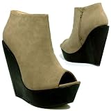 New Womens Grey Wooden Wedge Heel Platform Peep Toe Shoe Boots