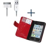 iGet (TM) iPhone 4 4S Faux Croc Leather Folio Case + Dock Cable - fits AT&T - RED