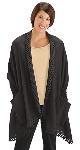 Eyelet Trim Fleece Wrap Sweater With Pockets