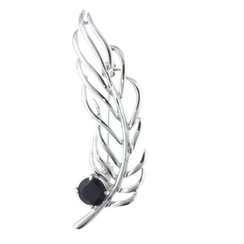 Silver Tone Black Rhinestone Leaf Pin Brooch