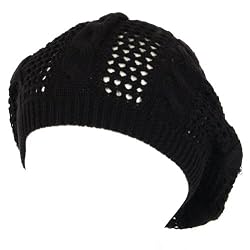 New Cotton Crochet Vented Knit Slouchy Beret Tam Hat Black