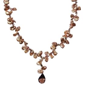 Gold-Filled Dyed Chocolate Cultured Keshi Pearl Necklace with Smoky Quartz... by