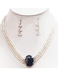 Amazing Designer 3 Strands Natural Fresh Water Pearl Beaded Necklace with 925 Sterling Silver Oval Sapphire Clasp + Free Earrings