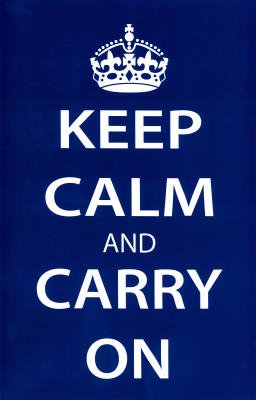 Keep Calm and Carry On (Motivational, Dark Blue) Art Poster