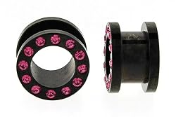 Black Anodized Stainless Steel Flesh Tunnel Plugs with Pink CZ 6g - Sold as Pair