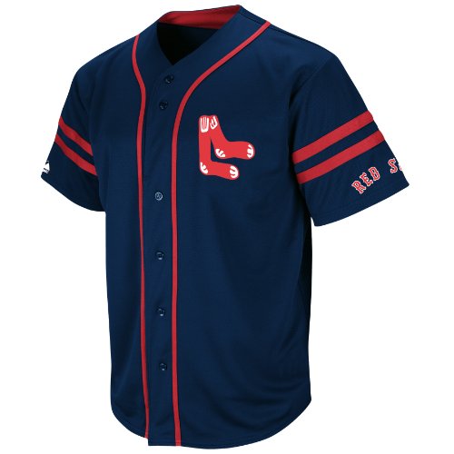 MLB Boston Red Sox 1969 Cooperstown Adult Short Sleeve Synthetic Button Front Jersey (Athletic Navy/Athletic Red, Large)