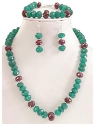 Designer Single Strand Natural Graceful Faceted Emerald & Ruby Beaded Necklace with Free Earrings & Bracelet