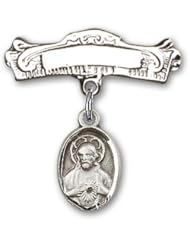 Sterling Silver Baby Badge with Scapular Charm and Arched Polished Badge Pin