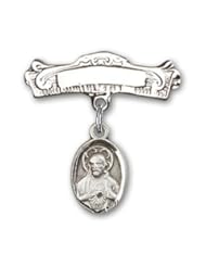 Sterling Silver Baby Badge with Scapular Charm and Arched Polished Badge Pin