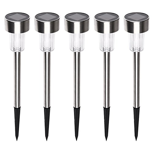 Momentum Brands Solar Power Path Lights LED Garden Stake Light Lawn Stainless Steel Spot Lamp for Outdoor Landscape Yard, White, 5 Piece