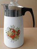 Decorative Corningware 10-cup Insulated Coffee Percolator - 10 1/2 inches tall x 5 1/2 inches in diameter - Lid has some minor chip under handle - Le Café design with Nuts - For Decoration ONLY