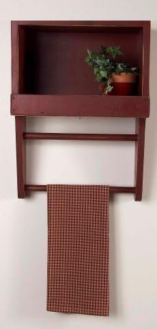 Shelf - Distressed Barn Red Bin with Linen Towel Bar - Wood Country Rustic Primitive