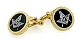 JJ Weston dramatic yellow gold plated diamond cut cufflinks with onyx etched Masonic symbol with presentation box. Made in the USA